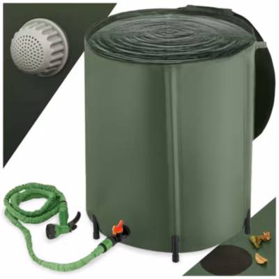 Tonneau récupérateur d&rsquo;eau de pluie avec robinet et protection anti-débordement vert