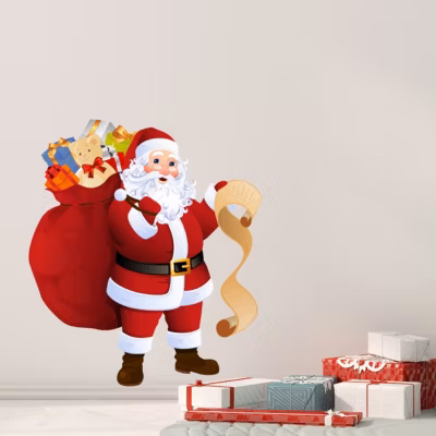 Sticker Noël le Père Noël et sa liste de cadeaux – Autocollants stickers adhésifs noël – décoration fêtes – 80x65cm