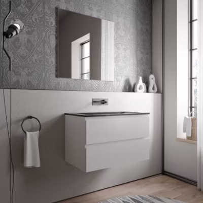 Meuble vasque suspendu MDF Blanc mat, lavabo fonte Noir mat sans trou robinet – 80x46x50cm – AVA BRUXELLES