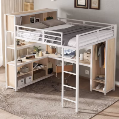 Lit Mezzanine 140×200 cm en Métal – Lit Double avec Bureau, Penderie et Rangements – Sans Matelas – Blanc