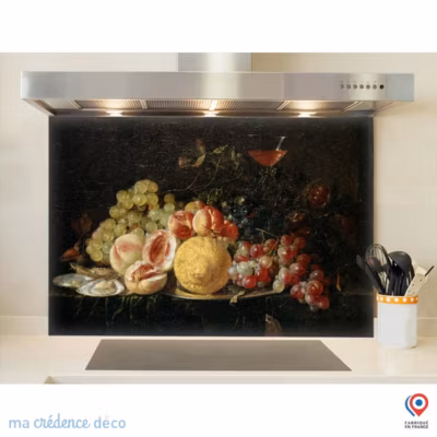 Crédence cuisine fond de hotte Jan Davidz de Heem, Citron et raisins – Verre trempé – L 90 cm x H 50 cm – MaCrédenceDéco