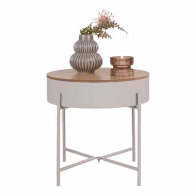 Table d&rsquo;appoint Sisco en acier beige-gris clair avec plateau naturel de 40 cm