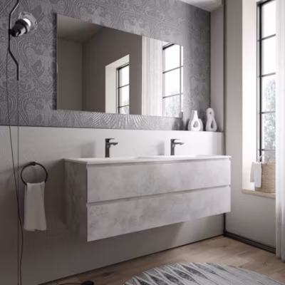 Meuble double vasque suspendu MDF aspect béton, 2 lavabos fonte Blanc mat + trous robinets – 140x46x50cm – AVA CREAM