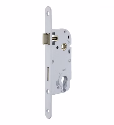 Serrure à larder à cylindre blanche axe 40 mm A encastrer réversible bouts ronds NF