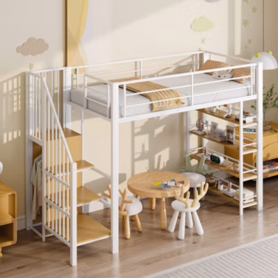 Lit superposé 90×200 cm avec escalier de rangement et petit placard, structure métal blanc et barrière de sécurité haute