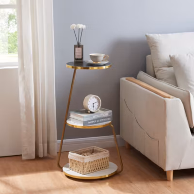 Table d&rsquo;appoint Sipoo à 3 niveaux 74 x 46 x 37 cm marbre blanc marbre noir doré en.casa