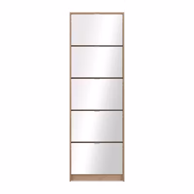 Meuble a chaussures – KOBLENZ – Chene artisan – 58 x 177 x 17 cm – 5 abattants – Facade miroir