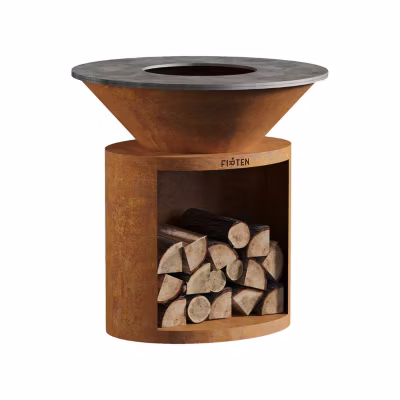 Brasero en acier corten ellipse diamètre 100 cm avec plaque de cuisson inoxidable – FIRTEN