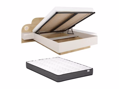 Lit coffre 160 x 200 cm – Avec chevets et LEDs – Coloris : Beige et Naturel + Matelas – DARTAGNO
