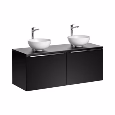 Ensemble de salle de bain VANTA : meubles sous vasque 120cm et plan pour vasque et 2 vasques blanches à poser