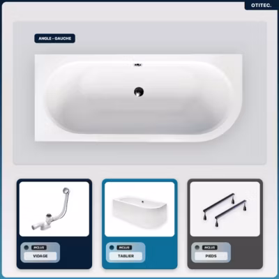 Baignoire asymétrique – 170 x 75 cm – Gauche – avec Tablier Blanc – Pieds – Vidage Chrome – AVITA
