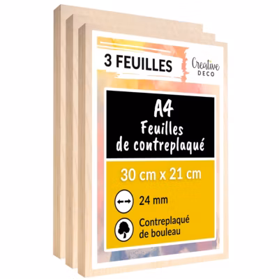 Creative Deco 3 x A4 Contreplaqué 300 x 210 x 24mm (+/- 0,5mm) – Bouleau Brut – Panneau Découpe Laser – Gravure, Cricut, Maquette