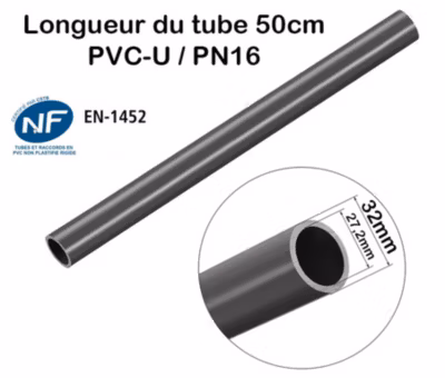 Barres de 2m de Tube Rigide Lot de 2  Tube PVC Pression PN16 32mm Longueur 2m diamètre extérieur 3,2cm