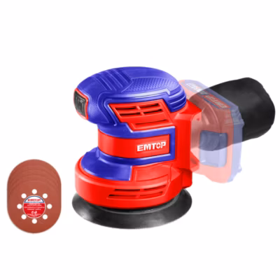 Ponceuse excentrique sans fil EMTOP 20V batterie et chargeur vendus séparément avec 5 abrasifs