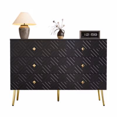 Commode moderne à 6 tiroirs, 120x40x80 cm, noir élégant avec doré, pieds en métal pour stabilité, parfaite pour chambre et salon