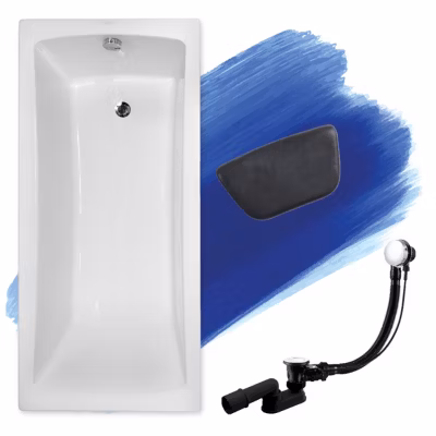 Baignoire rectangulaire 150 x 70 OPTIMA acrylique blanc, sans Habillage + Repose Tête + Pieds + Vidage à chromé
