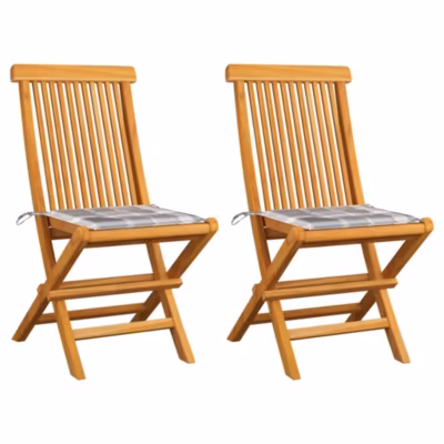 Chaises de jardin lot de 2 avec coussins à carreaux gris Teck vidaXL