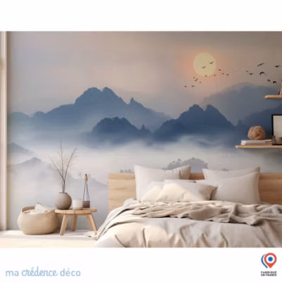Papier peint Montagne, soleil et oiseaux – Intissé – 400 cm – 280 cm – MaCrédenceDéco