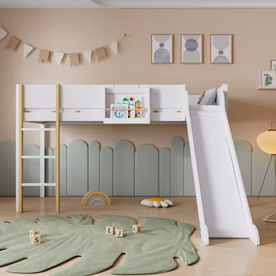 Lit mezzanine 90×200 cm blanc et bois pour enfant, avec escalier droit 3 marches, toboggan et étagère amovible, Lit sûr et ludiq