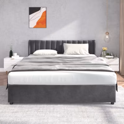 Lit 180×200 cm tapissé velours gris avec tête de lit haute, 2 tiroirs de rangement et cadre solide en lattes