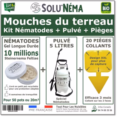 Solunéma – Kit Anti-Mouche du Terreau – 10 Millions Nématodes SF + pulvérisateur 5L+20 Pièges collants XXL