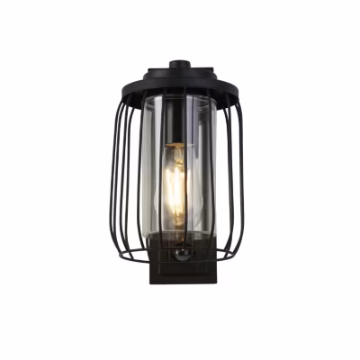Applique Ext Filaire metal Noir, diffuseur Polycarb transparent E27 max 40w Haut 27cm Larg 16cm Av detecteur infrarouge REED