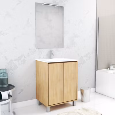 Pack Meuble Salle de Bains 60cm Chêne Clair 2 Portes, Vasque, Miroir 60×80 et réglette Led – XENOS