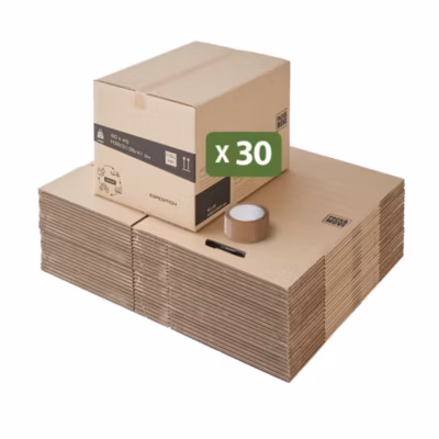 Lot 50 cartons déménagement hauteur modubale : variable – 50 x 40 x 20-30 cm – Poignées renforcées – 2 adhésifs offerts