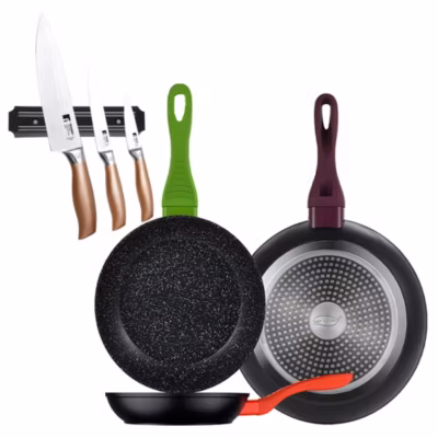 Ensemble de 3 poeles San Ignacio Jolie 20-24-28cm avec couteaux et support magnétique