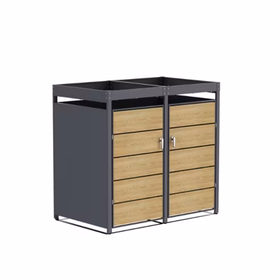 Cache Poubelle Design – Modèle 2 Compartiments – Structure Métal & Bois – Couleur Chêne – 132 x 80 x 124 cm