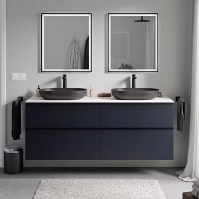Meuble sous vasque suspendu MDF Bleu nuit mat, plan vasque Blanc mat, poignée Chrome – 160x46x62cm – LAVOA