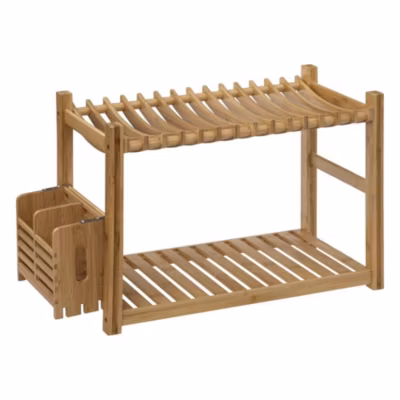 Égouttoir à vaisselle 2 niveaux avec pot couverts bambou