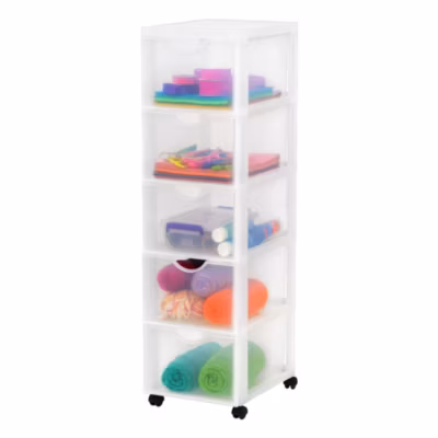 Iris Ohyama, Tour de rangement à Roulettes en Plastique, 5 Grands Tiroirs, Blanc, DDDC-305