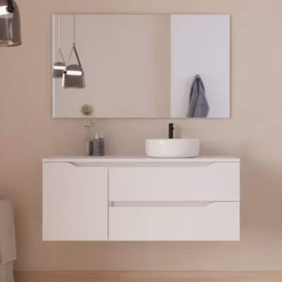 Meuble de salle de bain 120cm avec plateau, vasque à poser à droite Ares et miroir – 2 tiroirs et 1 placard – blanc – ZARZA