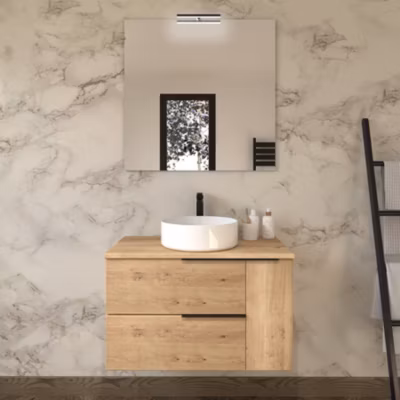 Meuble de salle de bain avec vasque à poser ronde et miroir avec applique KING – Roble (chêne clair) – 80cm
