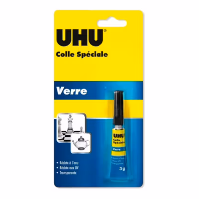 UHU Colle spéciale verre – colle forte, rapide, étanche, réactive aux UV, transparente, tube 3g