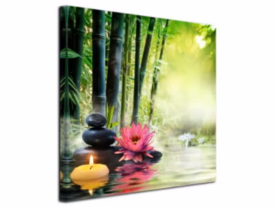 DECLINA, Tableau toile imprimée Zen, Tableau zen bougie et galet sur forêt de bambou, 30×30 cm