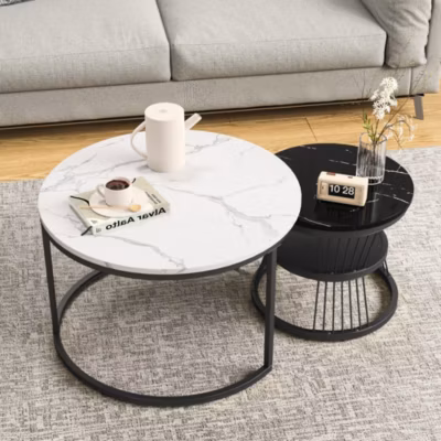 Table basse gigogne 2 pièces, Ensemble noir et blanc avec plateau effet marbre, design moderne multifonction
