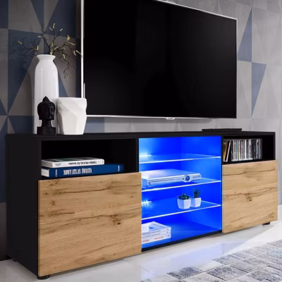 Meuble TV Urbino Komodee – LED bleues – Bois Naturel Mat et Noir – Facades en Matt – 140 x 53 x 35 cm