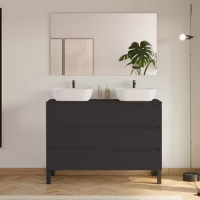 Meuble de salle de bain 120cm avec plateau et 2 vasques à poser Zeus – 3 tiroirs – noir – MATA