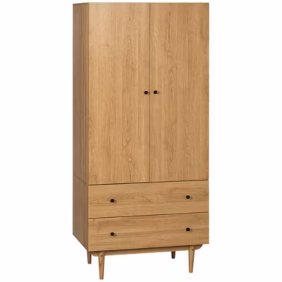 Armoire design scandinave – 2 portes, penderie, 2 tiroirs – piètement bois de pin panneaux aspect bois clair