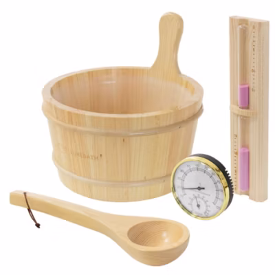 Lot 4 accessoires pour sauna LuxeBath en bois seau 4,5 L louche thermo hygromètre et sablier 15 min
