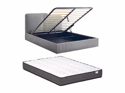 Lit coffre 140 x 190 cm – Velours côtelé – Gris + Matelas – NAYOLA