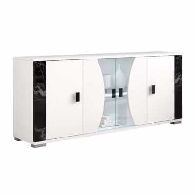 ARIANE – Buffet 4 Portes Blanc Eclairage Led intégré avec Décor Latéral Aspect Marbre Noir