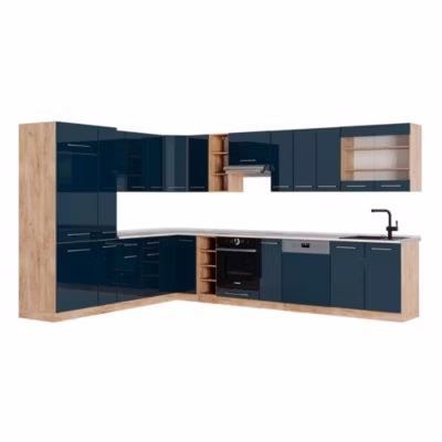Vicco Cuisine en angle bleu foncé brillant/chêne doré 257x60cm , PT Marbre