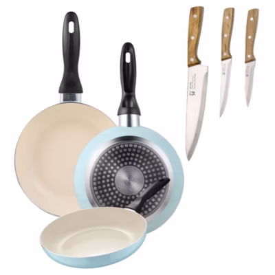 Ensemble de 3 poeles San Ignacio 16-20-24cm avec couteaux de cuisine
