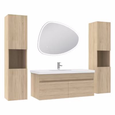 Meubles simple vasque 100cm colonne + vasque + miroir 3 couleurs lumineux Chêne Wotan