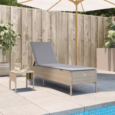 vidaXL Chaise longue avec table et coussin beige résine tressée, transat, lit de repos de jardin, meuble d&rsquo;extérieur, chaise 40027
