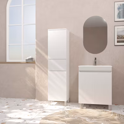 Colonne de Salle de Bain en Mélaminé Blanc – 35x32x150 cm – 2 Portes + 1 Tiroir