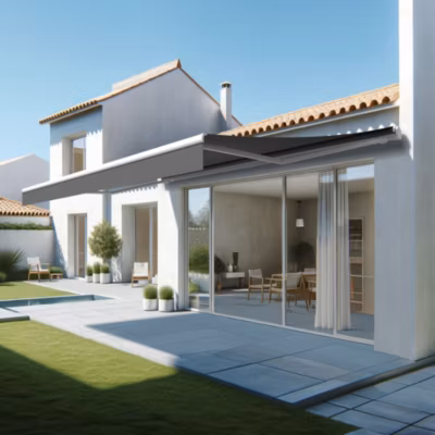 Store banne monobloc ESPAI 6,00×3,00m (Motorisé à interrupteur + manœuvre de secours – Gris Graphite – Blanc)